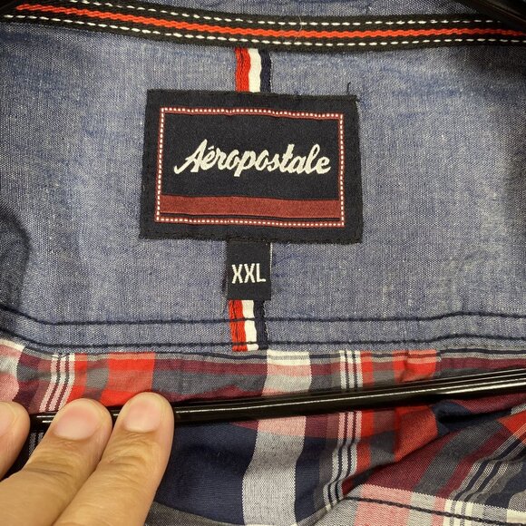 Aeropostale Mens Red & Navy Plaid Button-Up Short Sleeve Shirt XXL Cotton/Poly - Picture 3 of 11